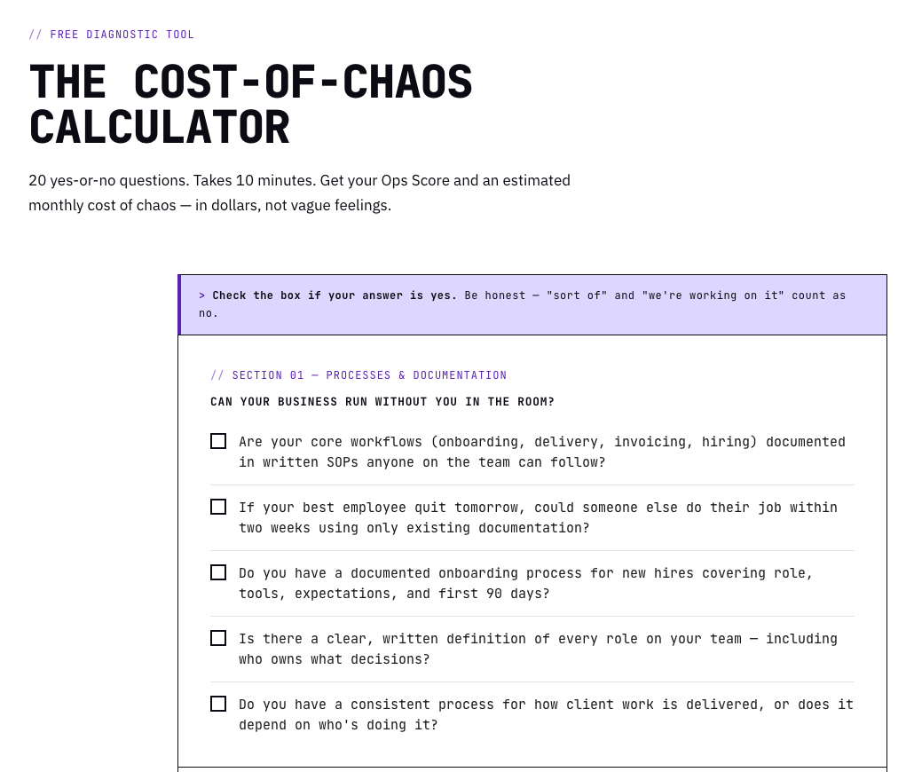 The Cost-of-Chaos Calculator: a page of yes-or-no questions with an operations score and estimated monthly cost