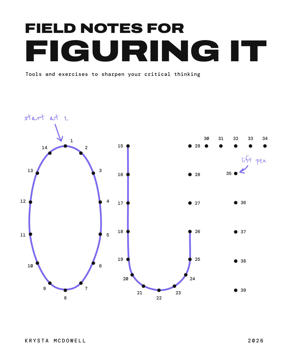 Front cover of Field Notes for Figuring It Out: a connect-the-dots drawing in violet with the note 'start at 1'.