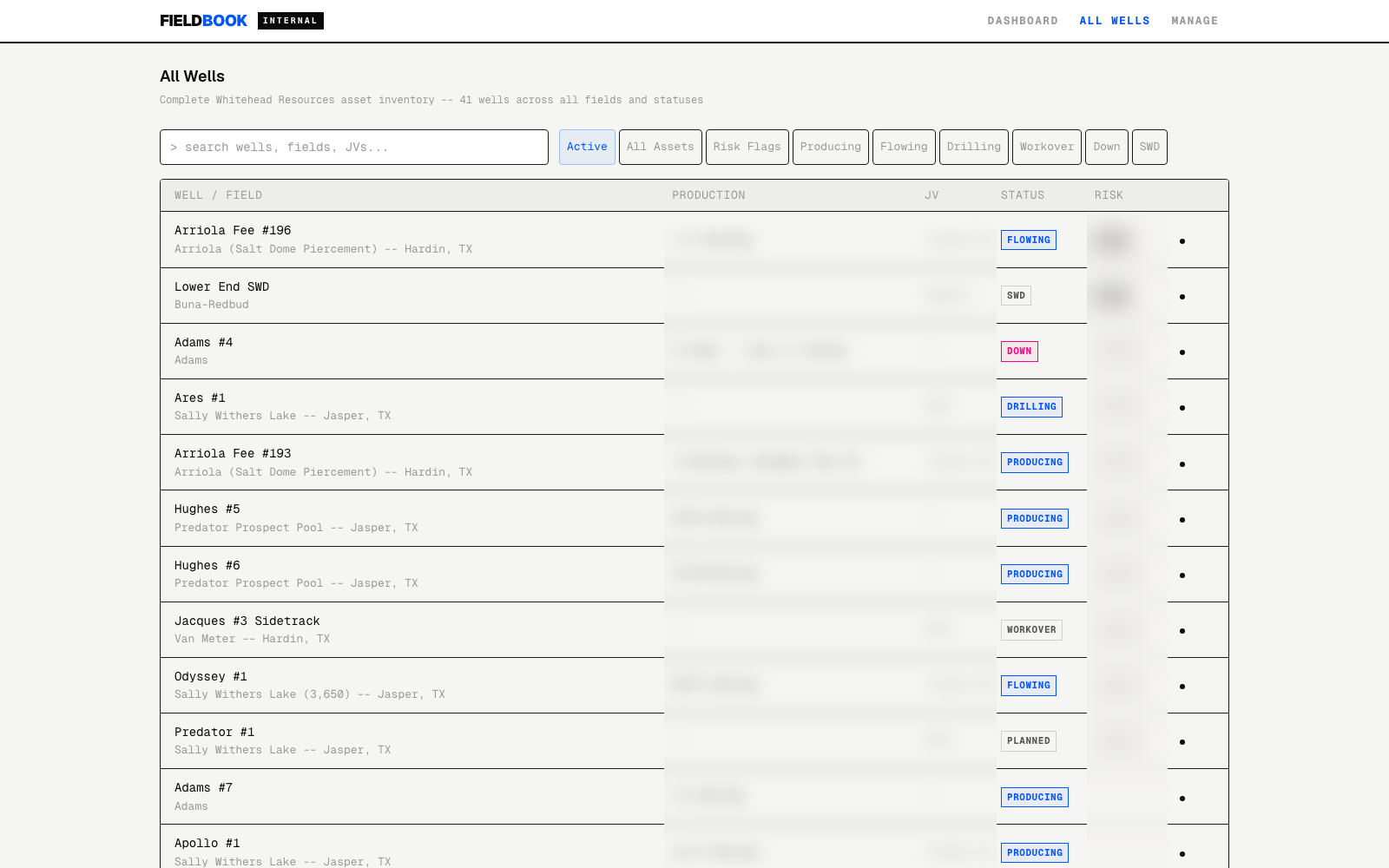 The All Wells list in the web app: a table of wells with status, risk level, and documents